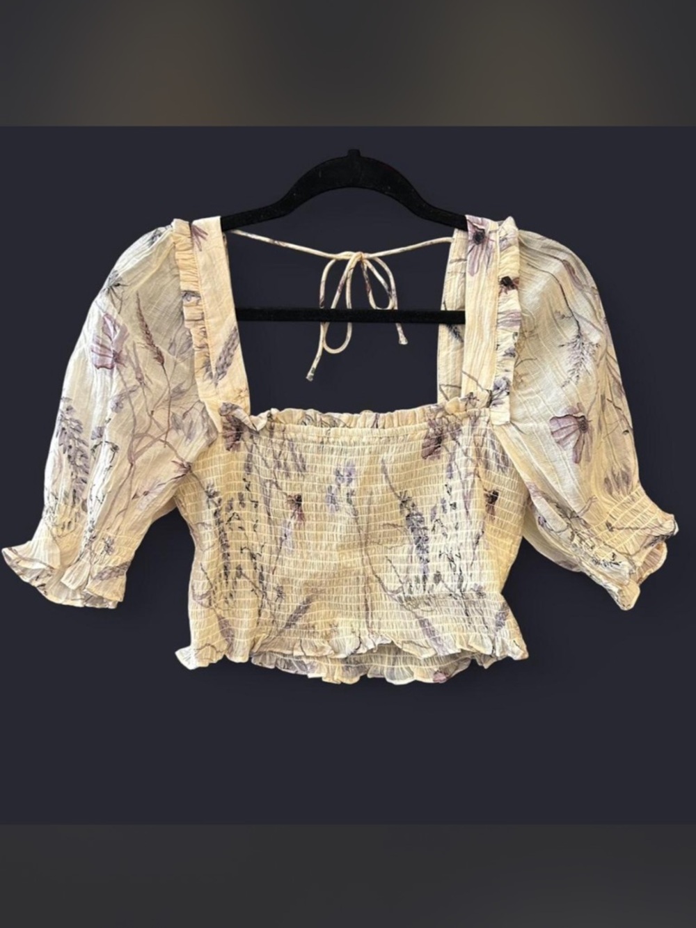 H&M Cream Floral Smocked Square-Neck Crop Top